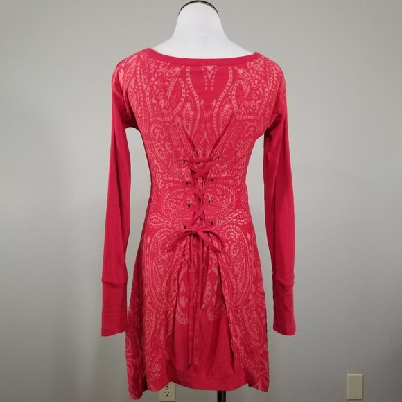 Athleta Lace Up Back Corset Dress XS Red Jacquard Burnout Long Sleeve Stretch - Picture 3 of 14